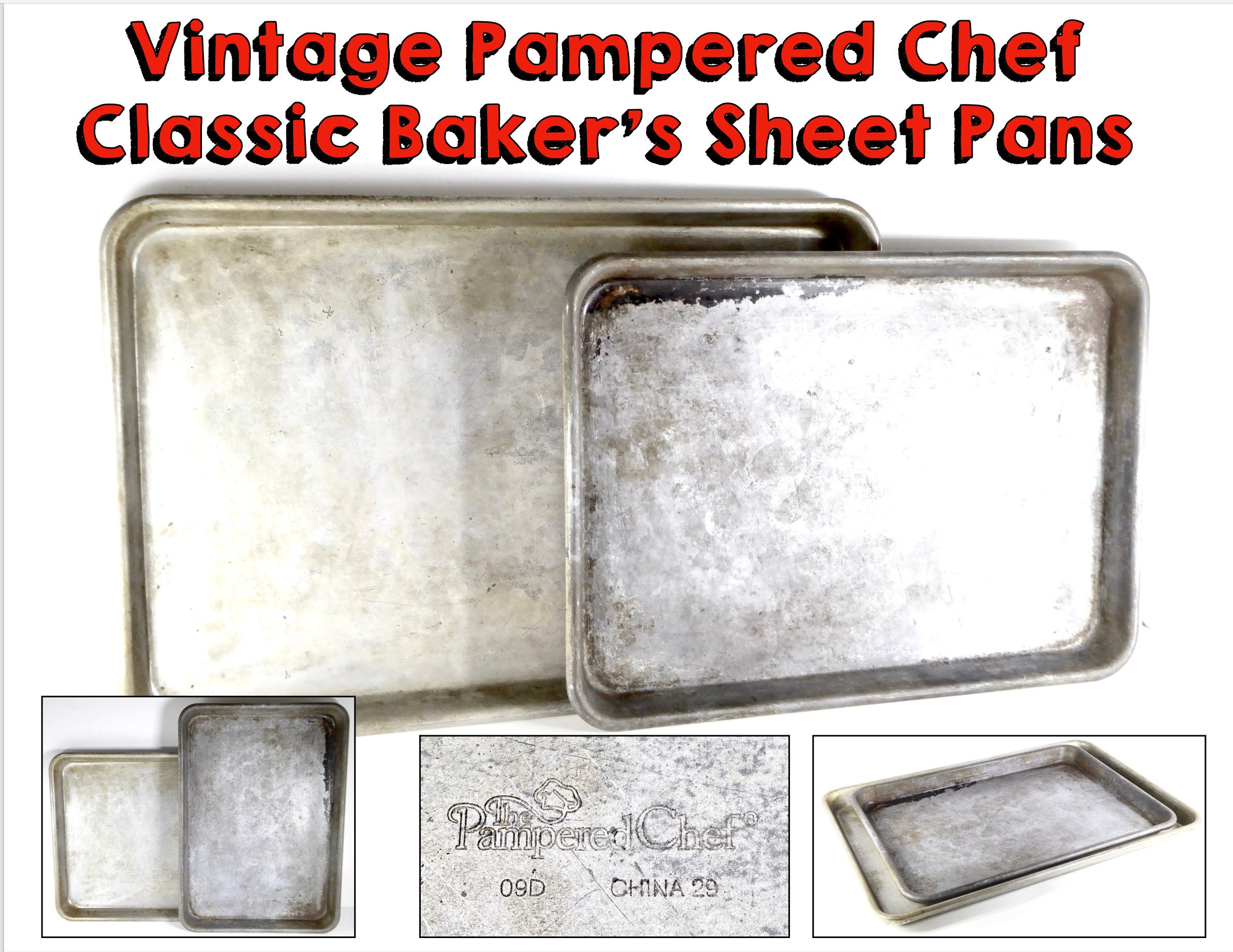 Vintage Pampered Chef Baker's Sheet Pans, Classic Design, Heavy Aluminum,  Rolled Edges, Matte Finish, Seasoned, 16.5 X 11 & 14 X 10