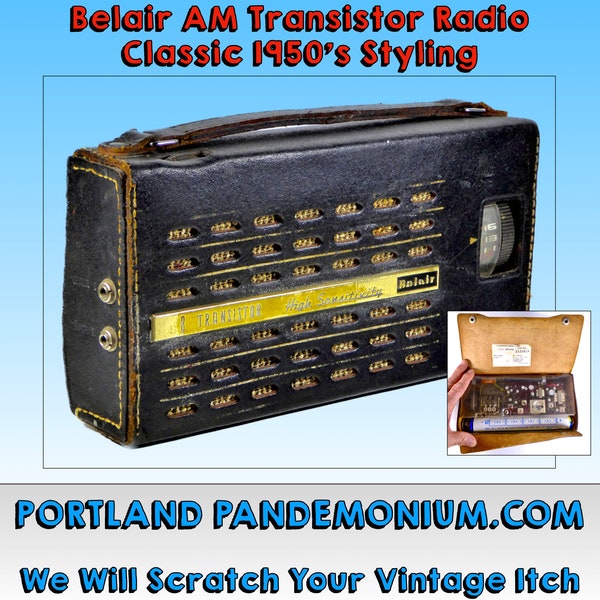 Vintage Belair AM Transistor Radio, Classic 1950's, Full Function Volume & Tuning, "High Sensitivity" 8 Transistors, Leather Case, 4 C-Cells