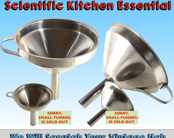 Vintage Food Grade Stainless Steel Funnels, Commercial Style Brewing, Vinting and Distilling Funnels, Handles/Hooks, Scientific Kitchen Need