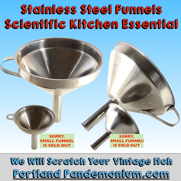Vintage Food Grade Stainless Steel Funnels, Commercial Style Brewing, Vinting and Distilling Funnels, Handles/Hooks, Scientific Kitchen Need