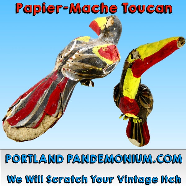 Vintage Papier-Mache Toucan Style Bird Hand Made, Hand-Painted Shabby Belize Mexico Tropical Art