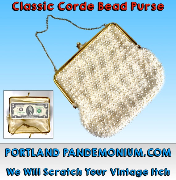 Vintage Corde Bead White Beaded Evening Bag or Pu… - image 1