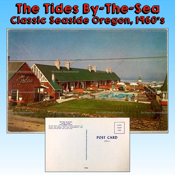 Tides Motel Seaside Oregon 1960's Glossy Color Photo Postcard "Heated Pool" Oregon's Seaside Playground