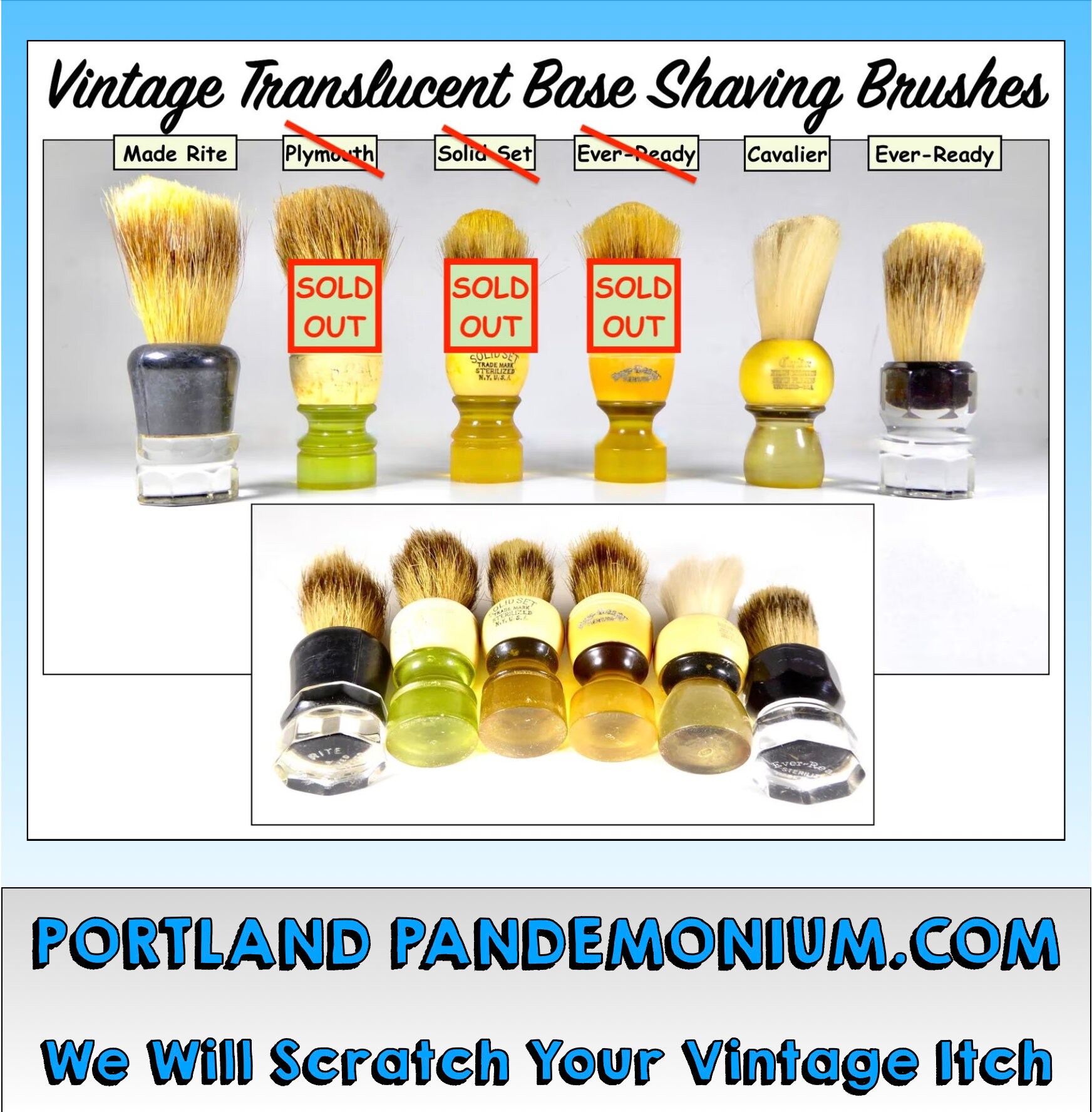 Vintage Shaving Brushes Featuring Translucent & Transparent Bases, Ever-Ready, Plymouth, Made Rite, Solid Set, Cavalier, Badger, Boar, Nylon