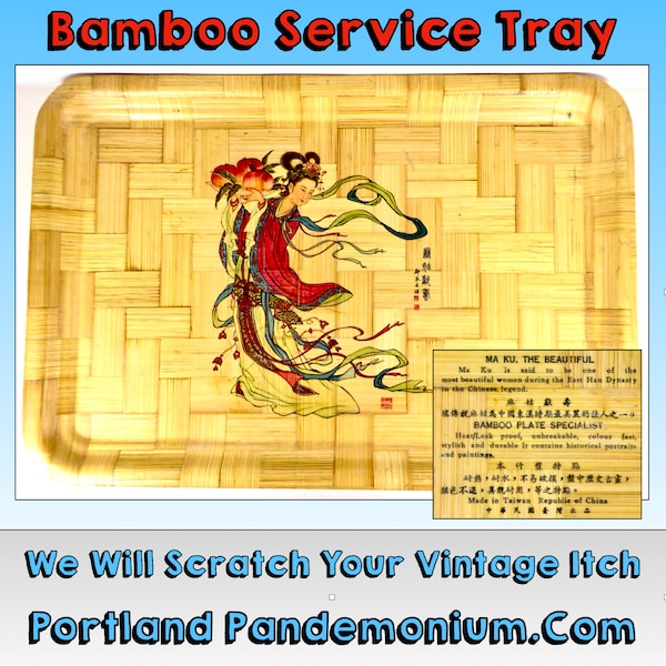 Bamboo Service Tray Featuring Chinese Legend Ma Ku The Beautiful of East Han Dynasty, 13" X 19" Very Clean Vintage Made in China (Taiwan)