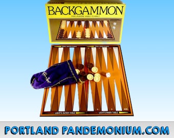 Vintage Backgammon Set with Vintage Purple Crown Royal Ditty Bag: Circa 1981 Tan and Ivory Board and Pieces, Whitman Games Racine, Wisconsin