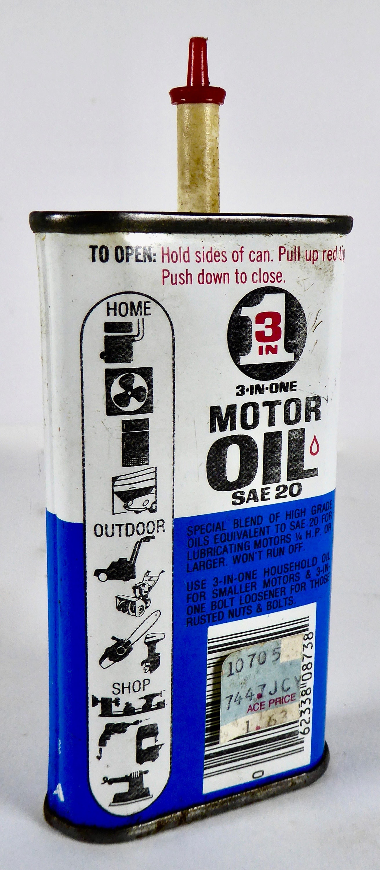 VINTAGE 3 in 1 MOTOR OIL CAN 3 FL. OZ BLUE/WHITE MADE IN USA