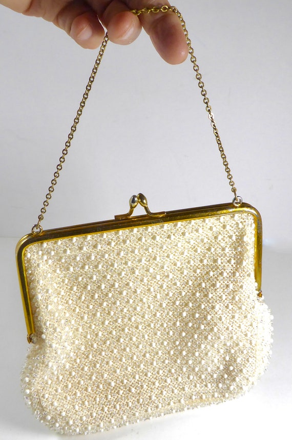 Vintage Corde Bead White Beaded Evening Bag or Pu… - image 7