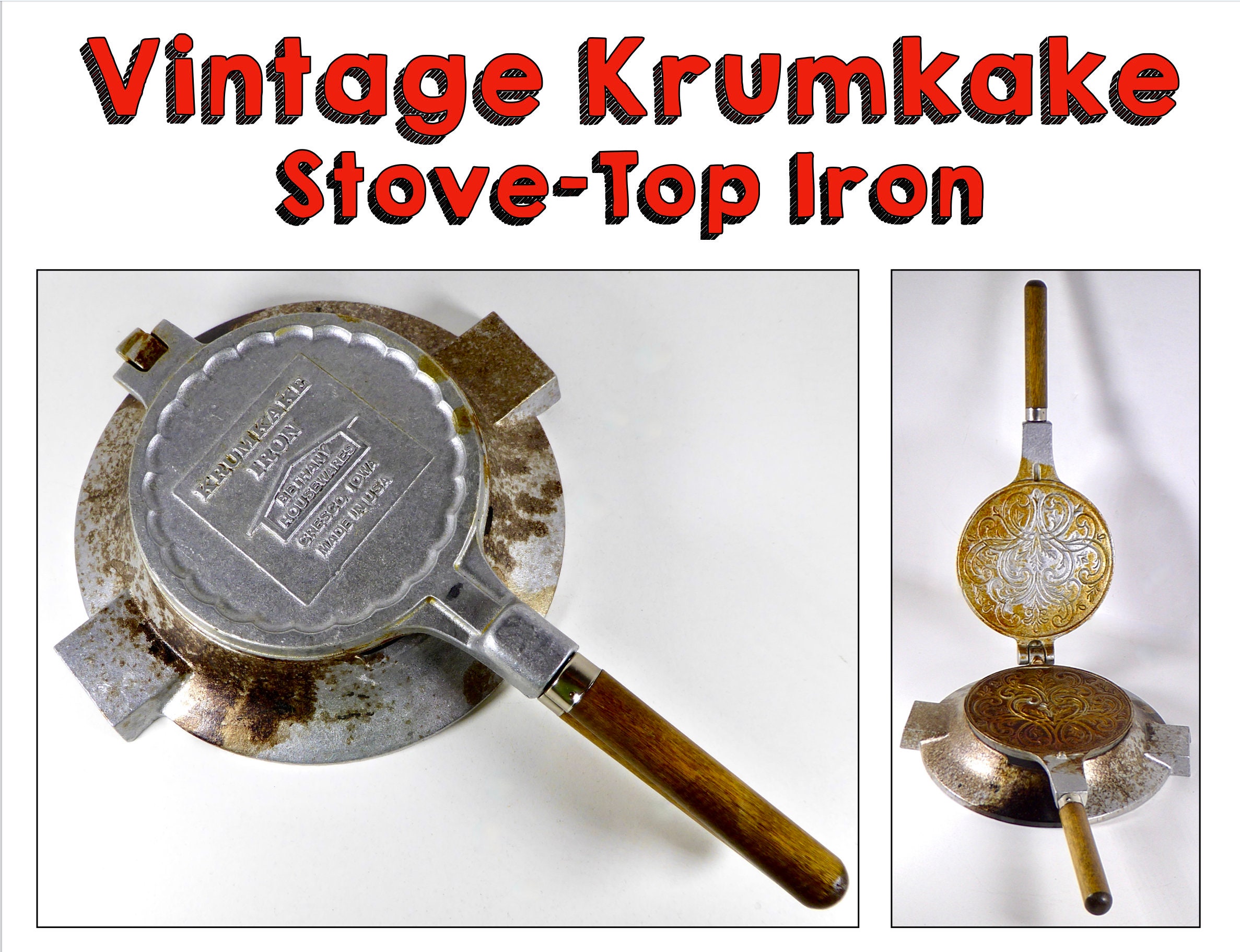 Vintage Scandinavian Krumkake Cookies Iron Bethany Housewares USA Stove Top  -  Log Cabin Decor