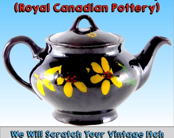 Brown Betty Teapot Royal Canadian Pottery Works Beautiful Yellow & Red Flowers Hand Painted on Classic Brown Glazed Earthenware, Hamilton OT