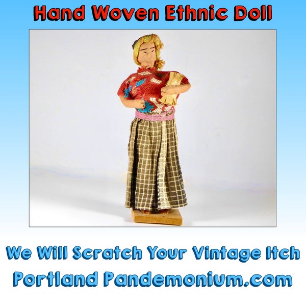 Vintage Folk Art Twig Doll Indigenous Americans Hand Woven Fabric Cothing, Carrying a Bundle of Grain, Missing Her Hands! Stick Figure
