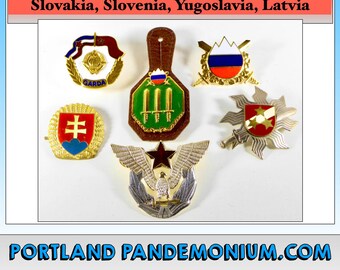 Vintage European Military, WW II and Soviet Cold War Era: Yugoslavia, Slovenia, Slovakia, Latvia Cockades, Badges, Pins, Epaulets