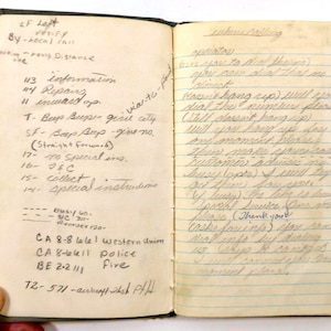 May include: A page from a notebook with handwritten notes on how to make phone calls. The notes include instructions for making local and long distance calls, as well as instructions for using an operator.