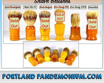 Vintage Butterscotch Bakelite Shave Brushes: Lord Chesterfield, Ever-Ready, Boots of England, Made Rite, Pure Badger, Early 20th Century