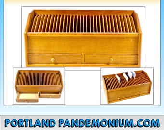 Vintage Daily Vertical Desktop Organizing File, 6.5" X 1/2" Slots Numbered 1-31, With 2 Drawers, Oak Construction, Late Mid Century Office