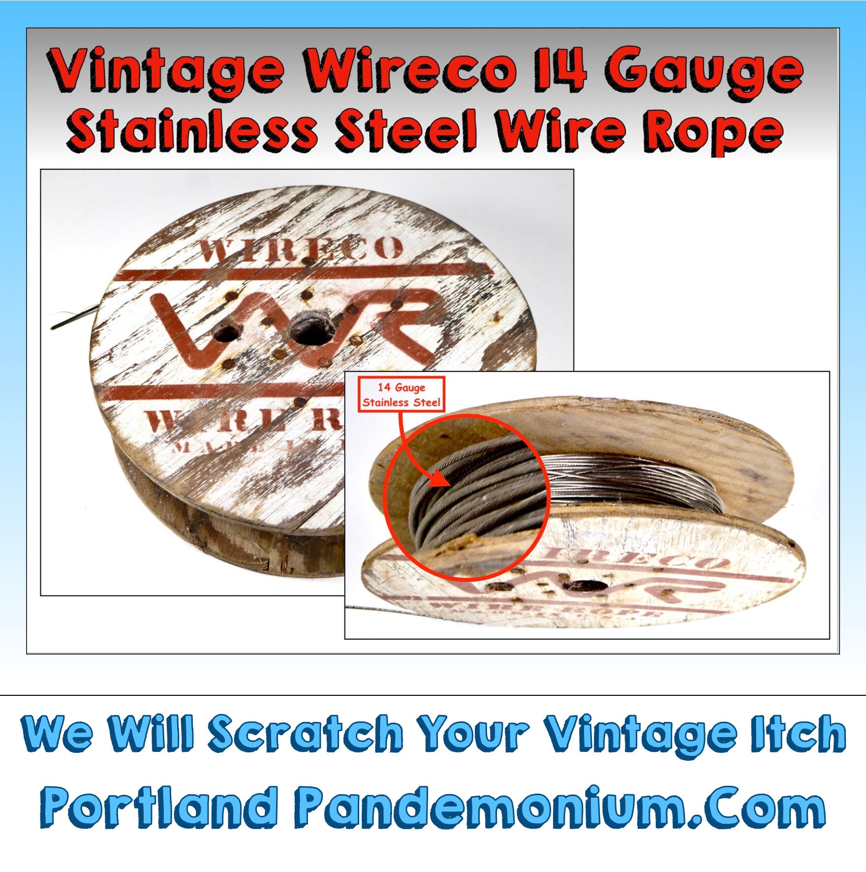 Vintage Reel of Stranded Stainless Steel Wire Rope 14 Gauge