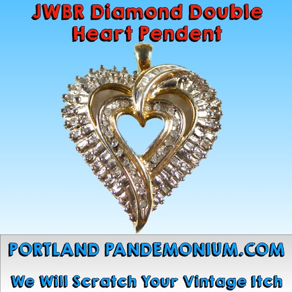 Vintage JWBR Diamond Double Heart Pendent Set In Sterling Silver, Circa 1980's Kay Jewelry Starter Piece, Baguettes and Rounds