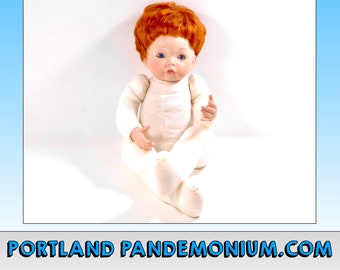 Vintage Dianna Effner Aaron Porcelain Sculpted Doll Head & Hands, Red Hair on Cloth Articulated 18" Body, Baby Blue Pajamas, Circa 1990's