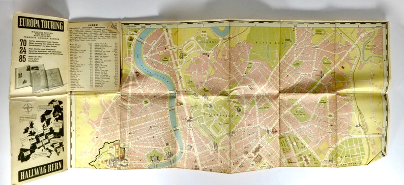 1960 Rome Street Map Vintage Hallwag Bern Plan View with 3-D Images of Monuments and Sights ...