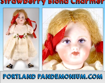 Vintage Porcelain Bisque Doll Finished by Master Doll Maker Janie Sturtevant, Circa 1980's, 7" Tall, Strawberry Blond, Blue Eyes, Embroidery