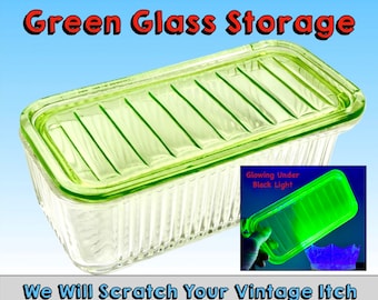 Vaseline Glass Rectangular Refrigerator Storage With Glowing Uranium Lid, 8"X4" Ribbed Pattern, Unbranded, Clean and Sharp Depression Glass