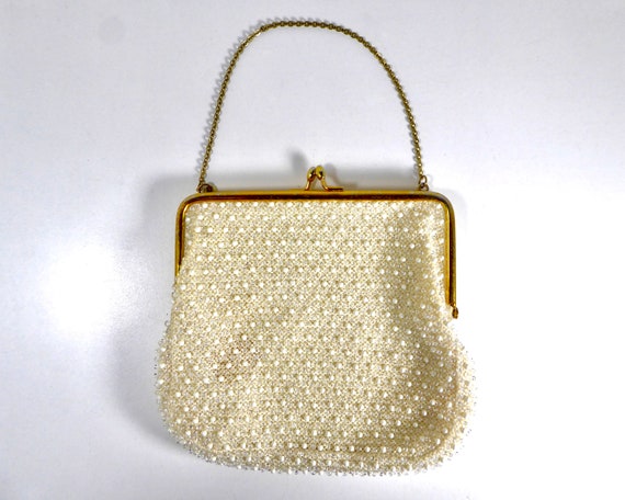 Vintage Corde Bead White Beaded Evening Bag or Pu… - image 2