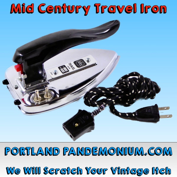 Vintage Travel Iron, Apex Brand, Made in Japan, 110 Volt, Folds Flat, Vinyl Travel Case, Cloth Cord, Circa Mid Century Era, As New