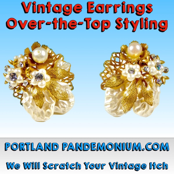 Vintage Fancy Clip-On Floral Theme Earrings, Circa 1960's Over-The-Top Elegance and Elan: Seed Pearls, Diamonds, Gold Leaf, Nacre, Filigree