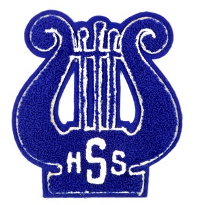 May include: A blue and white embroidered patch in the shape of a lyre. The patch has a textured appearance and features the letters "HSS" in white. The lyre is outlined in white, with a white border.