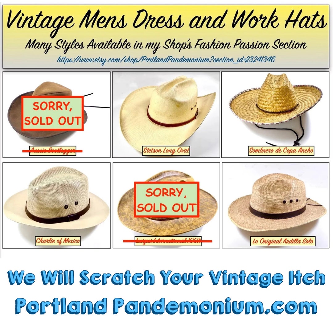 Vintage Mens Cowboy Hats, Leather, Oilskin, Straw, Dress & Work, Stetson,  Outback Bootlegger, Charlie, Luigui, Sombrero Ancho, Solo Squirrel 