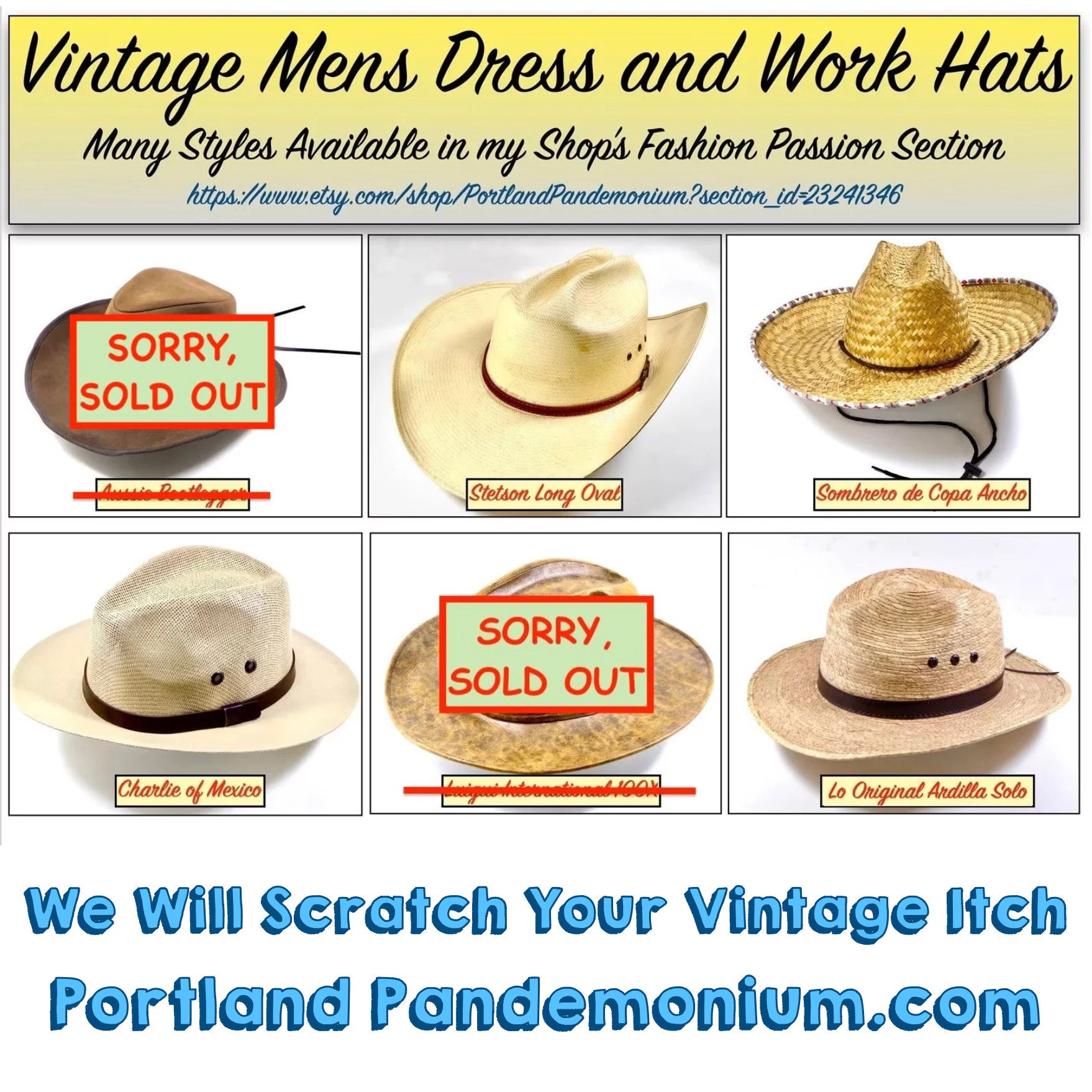 Vintage Mens Cowboy Hats, Leather, Oilskin, Straw, Dress & Work, Stetson, Outback Bootlegger, Charlie, Luigui, Sombrero ancho, Solo Squirrel