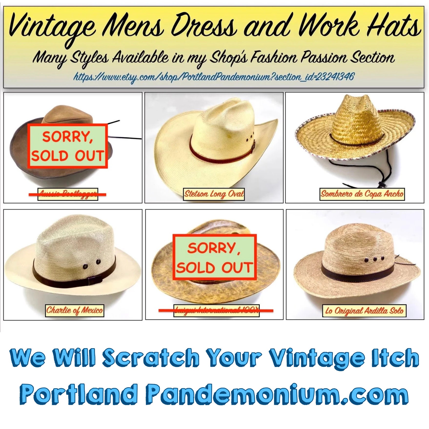 Vintage Mens Cowboy Hats, Leather, Oilskin, Straw, Dress & Work, Stetson, Outback Bootlegger, Charlie, Luigui, Sombrero Ancho, Solo Squirrel