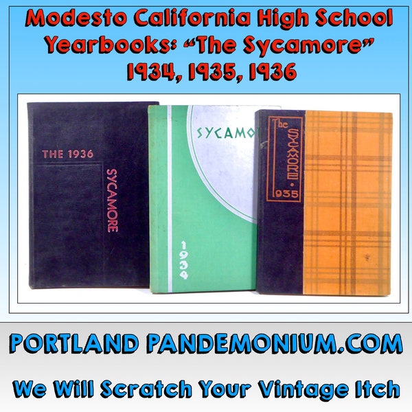 Vintage Modesto 1934-35-36 High School Yearbooks: "The Sycamore"  Autographs, Interesting Clubs, Pre-War Peacetime, Girls Sports, 30's Style