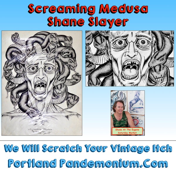 Vintage Original Print Art Work Pen & Ink Drawing "Medusa's Scream" Signed by Shane Slayer, 1988 Apex Big Hair Rock, Eugene Saturday Market