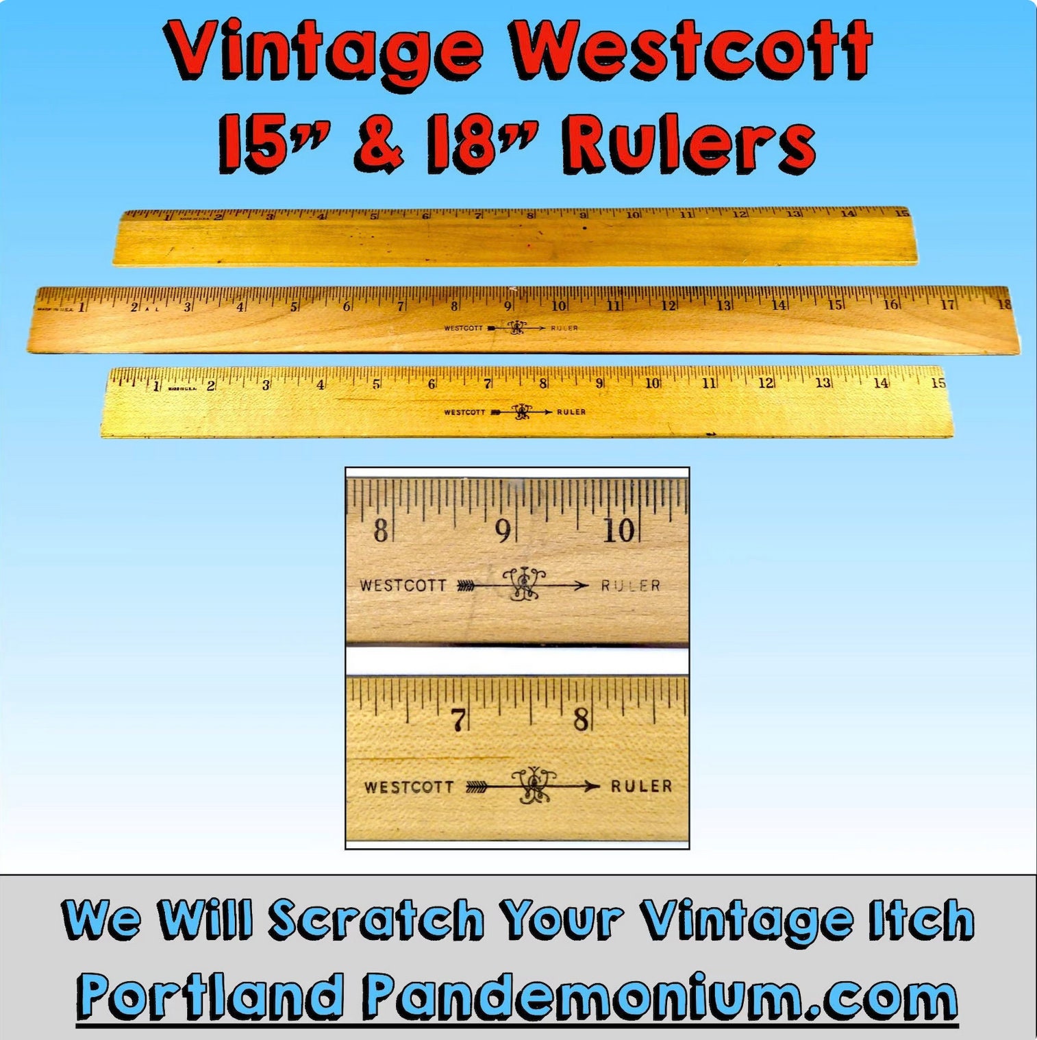 Vintage Wescott Wooden Rulers, 15 and 18 Flat Double Edge, Ash and