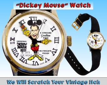 1973 "Dickey Mouse" Nixon Analog Watch: Running Intermittently Wind-Up Swiss Movement, Original Web Band, "Watergate Proof" Era by Joe Mead