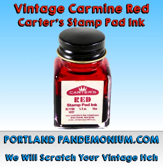Vintage Carter's Red Stamp Pad Ink 1/2 Ounce Bottle, About Half Full,  Gorgeous Ruby Red Ink in Clear Glass Bottle, Metal Cap 