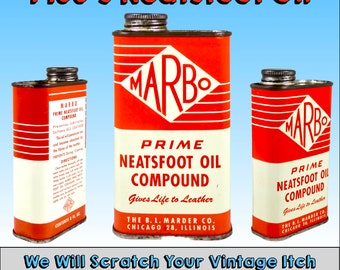 1950's Partial 8 Ounce Tin Neatsfoot Prime Leather Oil Compound, Clean and Usable, MARBO Brand, Chicago Illinois, Mid-Century Graphics