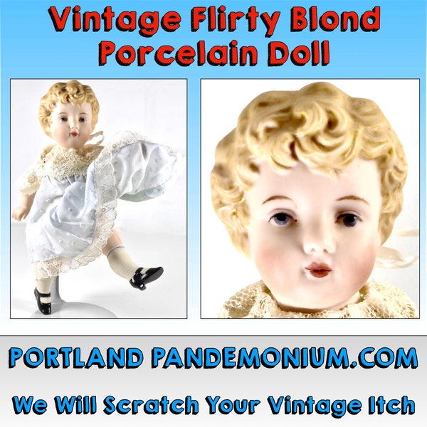 Vintage Porcelain Flirty Bisque Doll By Grand Master Doll Maker Janie Sturtevant, Signed 1990: Blond Blue-Eye Dotted Swiss Shift Articulated