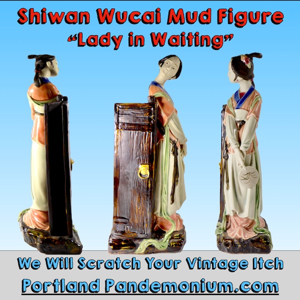 Chinese Mud Figure, Porcelain Wucai Shiwan "Lady in Waiting" As Seen in The Winterthur Museum Gift Shop, 13" Tall, Slightly Distressed