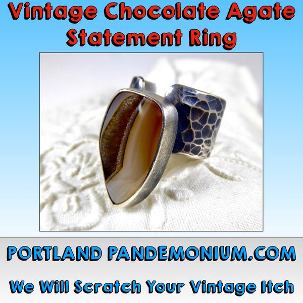 Vintage Chocolate Agate Crystalline Statement Ring With Broad .925 Sterling Silver Hammered And Blackened Band, Signed "Grging"