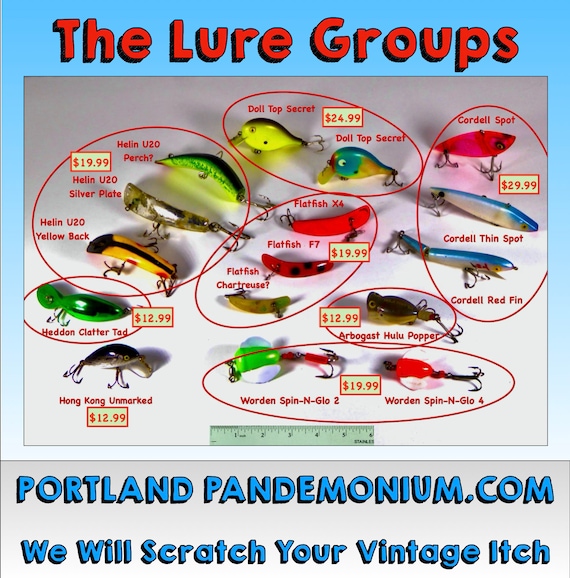 Vintage Lures: Doll Top Secret, Cordell, Helin Flatfish U20, Heddon Clatter  Tad, Arbogast Hula Popper, Warden Spin-n-glo, Yakima Bait, Group 
