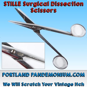 May include: Stainless steel surgical dissection scissors with the text "STILLE Surgical Dissection Scissors". The scissors have sharp, pointed blades and finger loops. A close-up shows the text "STILLE Sweden" and "SHARP & STRONG".