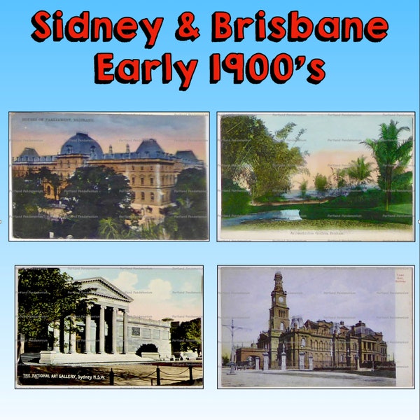 Sidney & Brisbane, Antique Australian Postcards, Parliament, National Art Gallery, Acclimation Garden, Town Hall, Color, Linen, Un-Posted