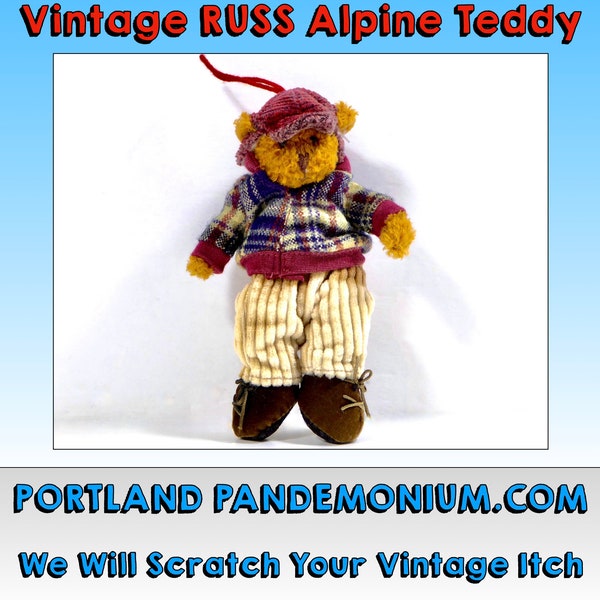 Vintage Russ Alpine Teddy Christmas Ornament, Plaid Jacket, Corduroy Pants, Hiking Boots, Deerstalker Cap