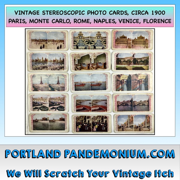 Vintage Stereographic 3-D Color Photo Cards, Paris Expo, Monte Carlo, Rome, Venice, Florence, Lazzaroni, Pompeii, Circa 1900 Art Nouveau