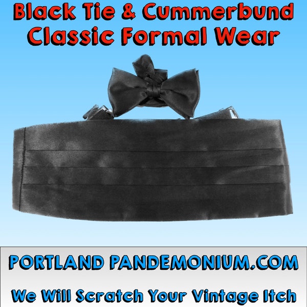 Vintage Classic Cummerbund and Matching Bow Tie, Formal Pleated Black Satin, Strap-On Style, Set of Stays, Original Box, Clean and Fresh