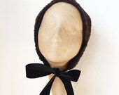 Handmade Chocolate Brown Faux Astrakhan Skull Cap Bonnet Hat with Black Velver Ribbon Nect Ties