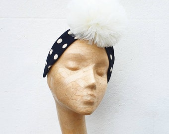 Handmade Pom Pom Headband in Vintage Navy and Cream Polka Dot