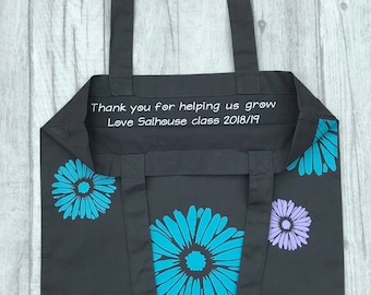 Teacher Appreciation, Personalised Flower Tote bag. Teacher, end of term, thank you  gift